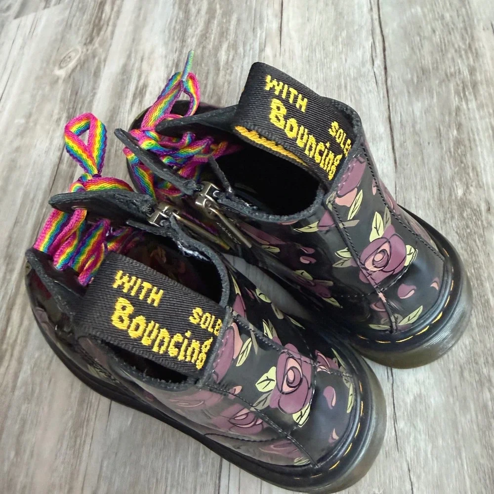 Dr. Martens 1460 J Floral Doodle Patent Leather Boots Black Pink Girl's Size 3